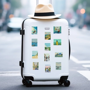 Aesthetic impressionist oil painting stickers displayed on a white travel suitcase