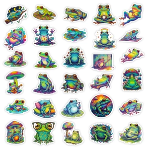 Vibrant psychedelic frog stickers set with trippy mandala patterns for laptop decor