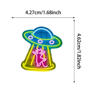 Vista dettagliata dell'adesivo neon UFO e gatto con misure dimensionali in cm e pollici
