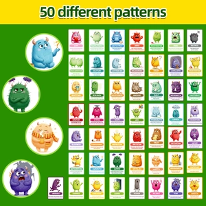 Detailed grid view of 50 monster emotion cards with colorful illustrations and English text