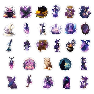 Set of 56 mystic purple witch stickers featuring magic bottles cats and crystal owls
