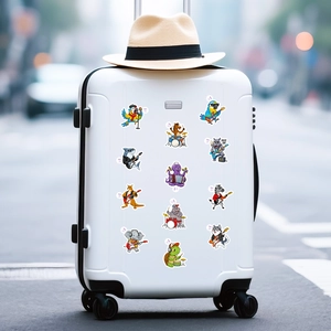 Cartoon animal rock band stickers applied on a white suitcase for travel decoration