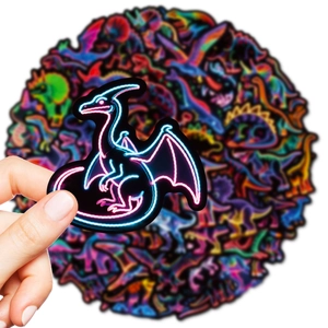 Neon dinosaur stickers set with pterosaur design in vibrant pink and blue glow colors