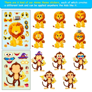 DIY cartoon animal stickers set showing lion and monkey faces with decorative accessories
