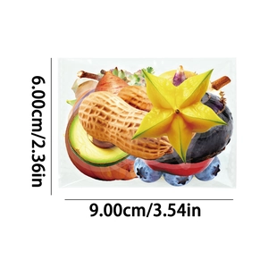 Detailed view of clear PET fruit stickers in packaging with 9x6cm size dimensions