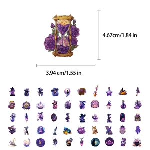 Detail view of purple witch stickers showing a 4.67cm x 3.94cm hourglass design and dimensions