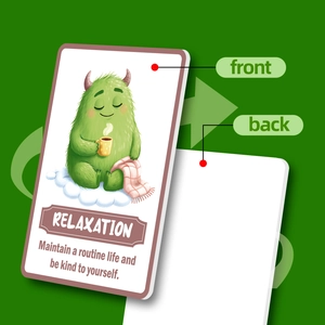 Macro view of cute monster cards featuring motivational quote Relaxation and soft pastel colors