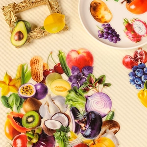 Realistic fruit and vegetable PET stickers with detailed kiwi and dragon fruit patterns