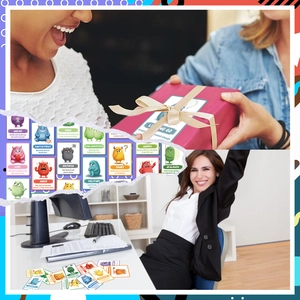 Detail of emotion management cards with cute monster illustrations and coping tips