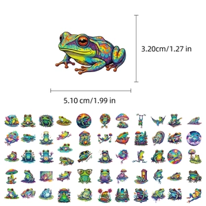 Detailed view of colorful psychedelic frog stickers with dimensions and assorted designs