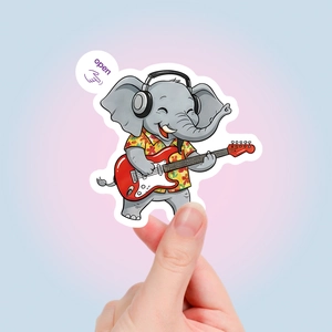 Detail showing a cartoon elephant playing red electric guitar on a waterproof PVC sticker