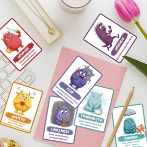 Flat lay of cute monster affirmation cards on desk with tulips and stationery