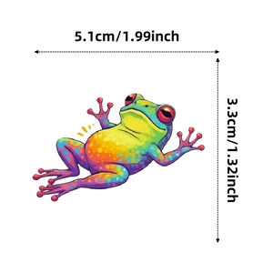 Colorful psychedelic frog sticker detail with precise size dimensions in cm and inches