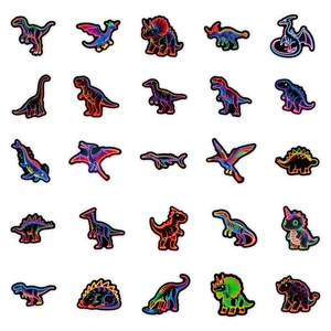 Set of 56 colorful neon dinosaur graffiti stickers featuring T-Rex and Pterosaur designs