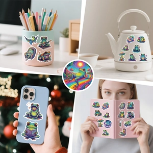 Psychedelic frog stickers shown on stationery, phone case and a laptop for decoration