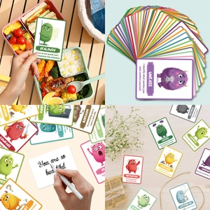 Close-up of monster emotion cards featuring diverse cartoon characters and motivational text