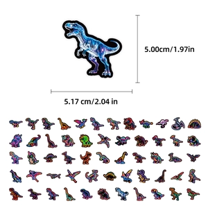 Detailed size guide of neon dinosaur stickers featuring vibrant space art patterns