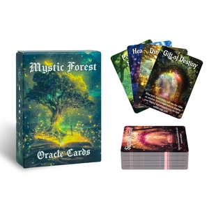 Set de 50 cartas oráculo Mystic Forest con ilustraciones de árboles dorados místicos