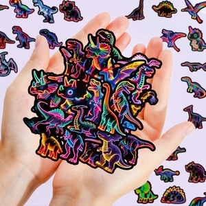 Neon dinosaur graffiti stickers featuring vibrant T-Rex and Triceratops held in hand
