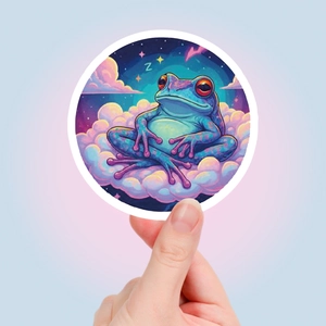 Detailed view of a round psychedelic frog sticker with vibrant starry sky illustration