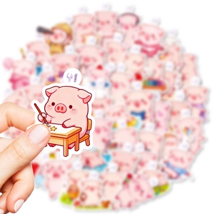 Cute pink pig cartoon graffiti stickers set with 50 unique diverse scene designs