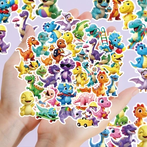 Detailed close-up of colorful 3D cartoon dinosaur stickers with high-gloss finish