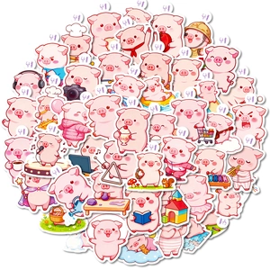 Set of 50 cute pink pig graffiti stickers featuring various cartoon character scenarios