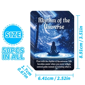 Dimensiones detalladas de las 50 cartas oráculo Rhythm of the Universe con marcas azules