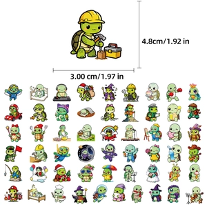 Detail showing cartoon turtle stickers dimensions and a set of diverse character designs
