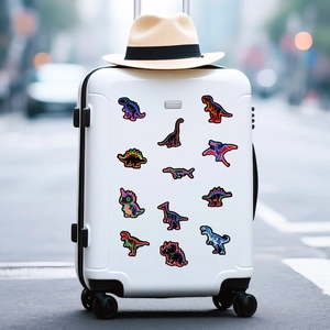 Neon dinosaur stickers on white suitcase showing Tyrannosaurus and Triceratops designs
