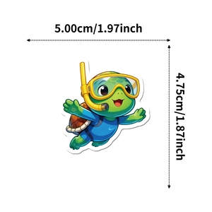 Detailed size view of cartoon turtle sticker with snorkeling gear and dimensions