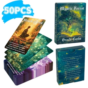 Set de 50 cartas del Oráculo del Bosque Místico con ilustraciones de fantasía y caja