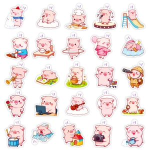 Set of 25 cute pink pig cartoon stickers with various daily life scenes and easy-peel tabs