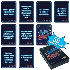 Set van 50 Happy Hour party spelkaarten met neon blauwe randen en zwarte verpakking
