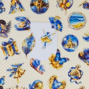 Detailed macro view of Klein Blue fantasy PET stickers featuring ballet dancer and castle