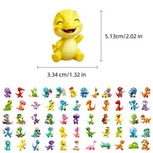Detail view showing varied 3D cartoon dinosaur stickers with size dimensions in cm and inches