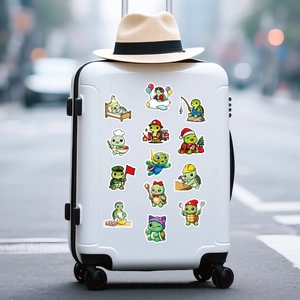 Close-up of 13 cute turtle stickers showing diverse characters on a white suitcase