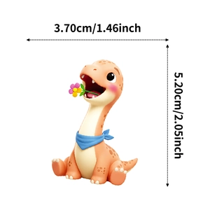 Size reference of orange cartoon dinosaur figurine holding a flower with 3D texture