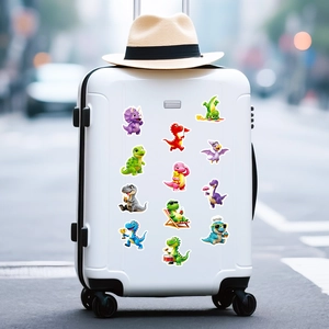 Macro shot of 3D dinosaur cartoon stickers applied to a white suitcase during travel