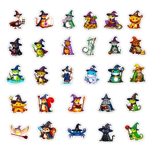 56-piece cute cartoon animal wizard stickers with witch hats and magic wands for decoration