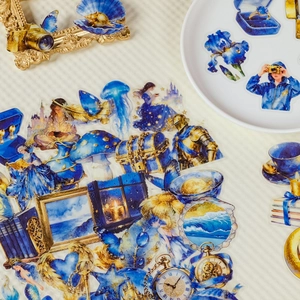Dreamy Klein Blue PET stickers with mysterious stars and vintage fantasy knight patterns