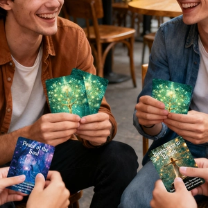 Detalle de cartas de afirmación con temática de bosque y diseños artísticos de paz
