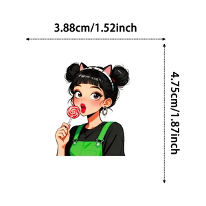 Gedetailleerde maattabel van een cartoon meisje sticker van 1,52 bij 1,87 inch