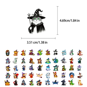 Detail view of cat wizard sticker dimensions showing 4.69cm by 3.51cm size specs