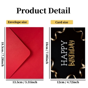 Neon style Happy Birthday card set with red envelope and size measurements for parties
