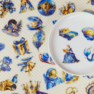 Dreamy Klein blue PET stickers with gold watercolor patterns for decorative journaling