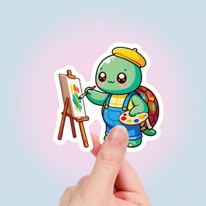 Detail of cute cartoon turtle sticker with beret and paintbrush for laptop decor