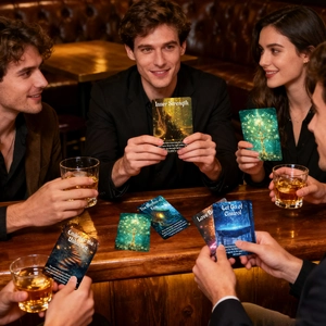 Primer plano de cartas del oráculo Forest God compartidas por amigos en un entorno social