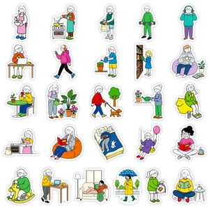 Collection of 25 minimalist hand-drawn cartoon stickers showing daily life scenes and activities
