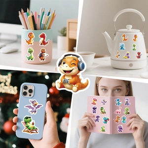 3D cartoon dinosaur stickers decorating a water bottle and laptop for personalized style